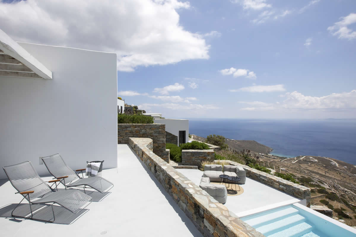 Villa “G” in Tinos, Cyclades, grants awe-inspiring views from a private swimming pool and a fresh, airy ambiance from every distinct spot